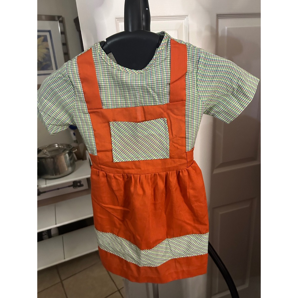 Vintage retro mod Sears Perma-Prest Girls Orange Jumper Plaid Dress Size 5